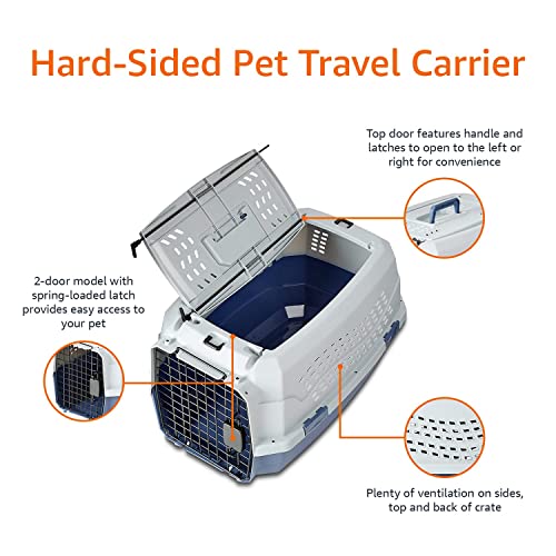 Amazon Basics Sturdy Portable 2-Door Top-Load Hard-Sided Pet Travel Carrier with Secure Ventilation, Handle, Front & Top Entry for Dogs, Cats, 22.8"L x 15"W x 13"H, Gray & Blue - color: Gray & Blue, size: 22.8"L x 15.0"W x 13.0"H