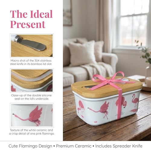 Cute Flamingo Print Ceramic Butter Dish with Bamboo Lid & Butter Knife, Covered Butter Keeper Container Fits Standard Western Butter Stick for Kitchen Countertop Fridge Storage - color: Flamingo