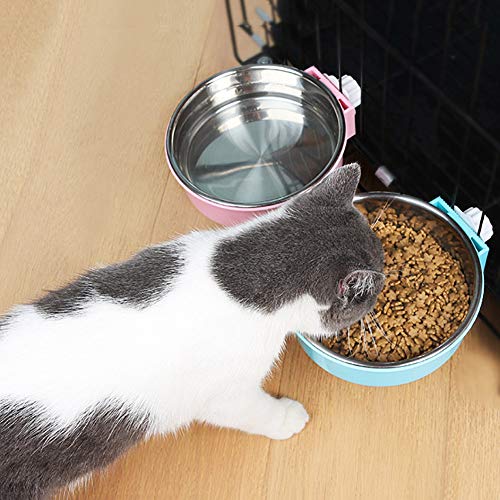 Crate Dog Bowl,Removable Stainless Steel Water Food Feeder Bowls Crate Coop Cup,Pet Cage Bowls with Bolt Holder for Cat, Puppy, Birds, Rats, Rabbits Small Animals ((Blue+Pink) Round, Large) - color: (Blue+Pink) Round, size: Large