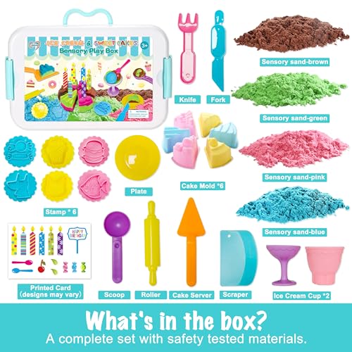 Carolart Cake Sensory Bin, Sand Baking Toys for Kids, Play Cake Sand Kit | Ice cream and dessert sensory play with colorful sensory sand, pretend bakery activity, gift for kids ages 3-8 - style: Cake
