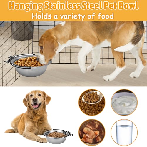 kathson Dog Kennel Bowls for Crates, 3 Pcs Stainless Steel Pet Food Water Bowls with Clamp Holder Hanging Metal Puppy Feeding Dish Cage Coop Cup for Cat Rabbit Ferret Bird (8.5 * 2.7in)