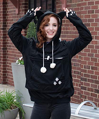 Unisex Big Pouch Hoodie Long Sleeve Fleece Pet Dog Holder Carrier Pullover Sweatshirt… - color: Black, size: Medium