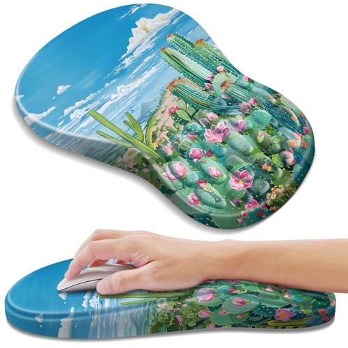 YIWEI Ergonomic Mouse Pad with Wrist Rest for Carpal Tunnel Pain Relief | Memory Foam Wrist Support,Non-Slip Rubber Base, Keyboard Computer Mousepad,Lycra Cloth Surface,Gaming Home Office - color: Cactus