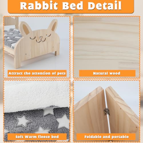 BWOGUE Large Wooden Rabbit Bed, Bunny Bed with Removable Cushion, 2-in-1 | Bunny Wooden Bed, Wooden Bed for Rabbits, 20.5 x 14.3 in, Folding Frame, Raised Resting Spot, Guinea Pigs, Kittens, Rabbits - size: 20.6''×14.7''×3.7''