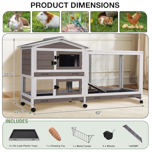 62″ 2-Story Large Rabbit Hutch with Chew-Proof Ramp, 3 Leakproof Trays, Waterproof Roof, 6 Lockable Wheels for Rabbits & Guinea Pigs (Brown) - color: (Brown)