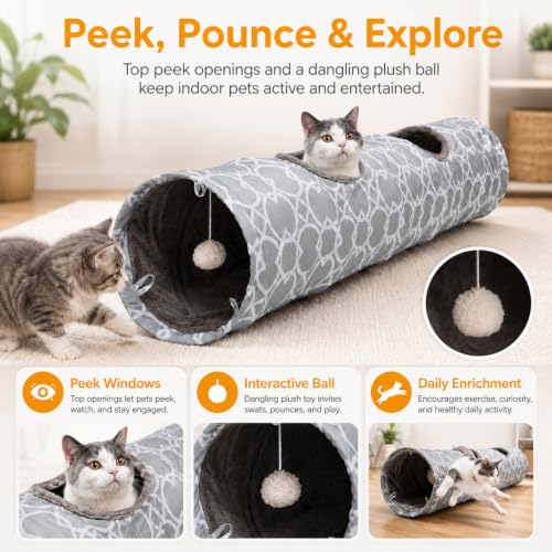 Geometric Straight Cat Tunnel with Plush Inside,Cats Toys Collapsible Tunnel Tube with Balls, for Rabbits, Kittens, Ferrets,Puppy, Diameter 9.8 Inch - size: Large Straight Tunnel