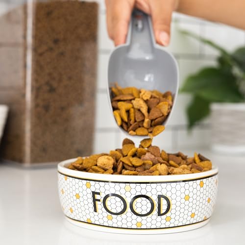 Pearhead Ceramic Dog Bowl, Small/Medium 2.25 Cups/ 18 oz, Bistro Tile | Honeycomb with Gold Accents Stoneware Pet Food & Water Bowl for Small Dogs, Weighted Non-Plastic Feeding Dish - color: Bistro Tile Bowl, size: Small