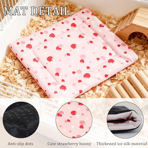 SEIS 2PCS Cooling Small Pet Hammock & Mat Set, Ice Silk Summer Cage Hanging Bed for Guinea Pig Hamster Chinchilla Rabbit, Cute Strawberry Lemon Print Breathable Pet Rest Bed (Pink) - color: Pink