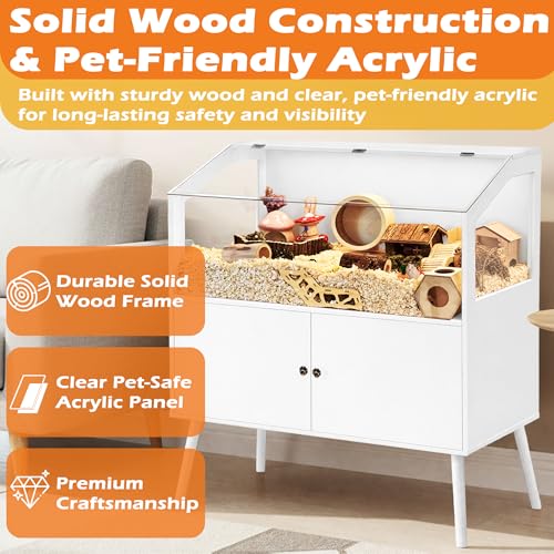 PROLEE Hamster Cage with Storage Cabinet,Large Hamster Encloure Chew Proof Wood,Clear View Hamster Habitat for Guinea Pig, Ferret, Rat, Hedgehog, 40" L x 20" W x 47" H (White) - color: White