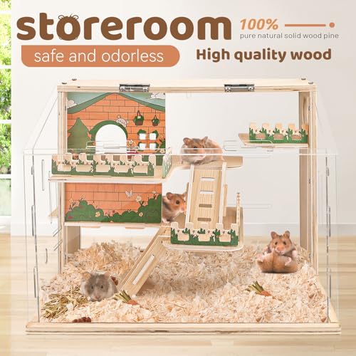 Large Acrylic Hamster Cage, Wooden Dwarf Hamster Habitat, Spacious Dwarf Gerbil Cage, Premium Dwarf Hamster Habitat with Ventilator (Hamster Cage)
