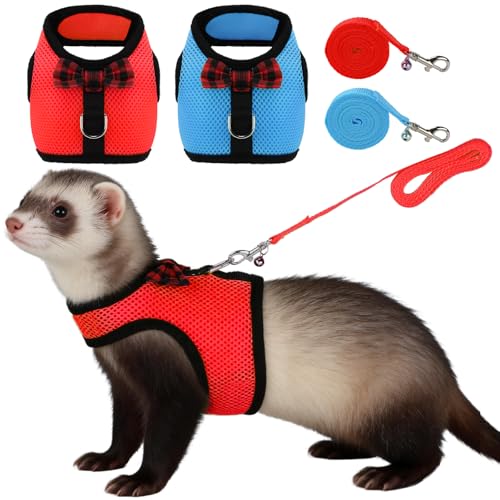 Rypet 2pcs Animal Harness and Leash, Ferret Harness No Pull Mesh Red Blue,S | Soft Mesh Comfort, Bell for Outdoor Walks, Velcro Easy-On Fit, 4.4 ft Leash, for Baby Ferrets, Rats and Guinea Pigs - color: Red+Blue, size: Small (Pack of 2)