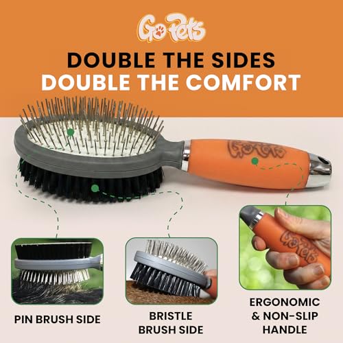 GoPets Double-Sided Pin & Bristle Brush, Grooming Tool for Dogs & Cats | Detangling, Shedding Control, Slicker Brush for Long-Haired Pets, Fur Removal for Healthy Coat, Ergonomic Handle - style: Double-Sided Pin & Bristle Brush