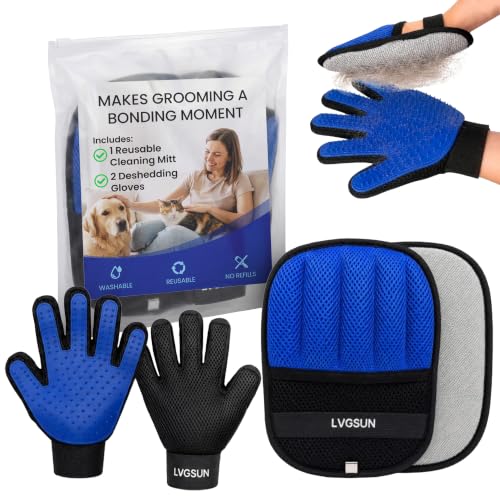 Cat Grooming Kit for Shedding – Deshedding Gloves + Self-Cleaning Mitt | Pet hair remover set for shedding - brush gloves for cats & dogs with long or medium coats, self-cleaning mitt