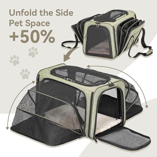 Petsfit Medium Double Expandable Cat Carrier for Cats and Small Dogs | 17 x 11 x 11 in; sized for Delta Air Lines; dual-side expansion, anti-sag frame and safety tether; up to 15 lb. - color: Green, size: 17"L x 11"W x 11"H