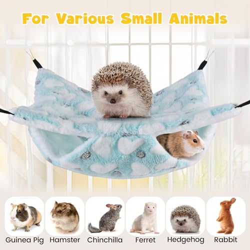 MCEAST 4 Pieces Small Pets Cage Accessories Hanging Hammock Sleeping Bag Tunnel and Bed Hideout Set Warm Sleep Nap Sack Bed for Hamster Ferret Squirrel Rabbit, Light Blue Hearts - style: Blue Hearts