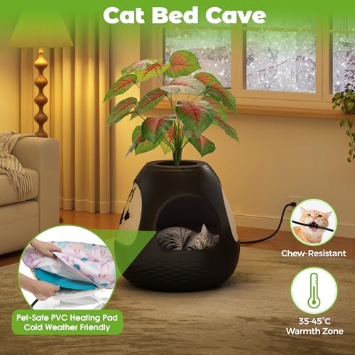 COZIWOW Eggloa6 Plant Litter Box, Hidden Cat Litter Box Enclosure, Odor Removal System, Replaceable Scratching Board, Scoop, Cat House with Cushion ＆ Heating Pad, Artificial Plants (Black) - color: Black