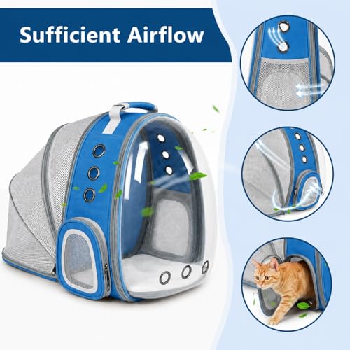 Expandable Cat Carrier Backpack with Bubble Window, Blue | Breathable mesh, anti-collapse frame, side door, safety leash and escape-resistant zippers for vet visits and outdoor travel. - color: Blue