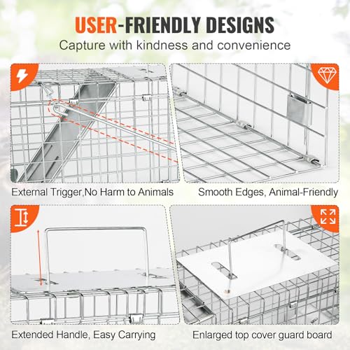 VEVOR Live Animal Cage, 24" x 8" x 8" Humane Cat Cage Galvanized Iron, Folding Animal Cage with Handle - size: 24" x 8" x 8"