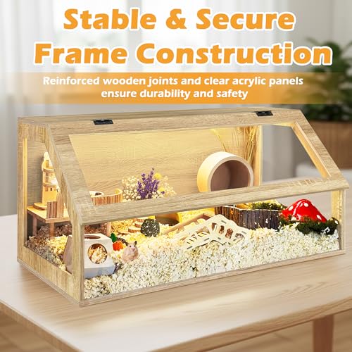 PROLEE Hamster Cage Large Chewproof, 40" x 20" x 20" Sloped Mice and Rat Habitat with Clear View, Solid Built with Lockable Design and Openable Top (White Oak) - color: White Oak