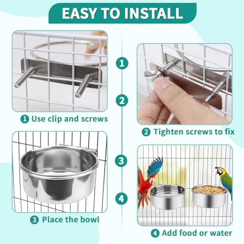 2 Pcs Bird Feeder Bowls with 2 Pcs Food Holder for Cage, Parrot Food Water Bowls and Fruit Skewer Foraging Toy, Stainless Steel Bird Feeding Dish Cups for Small Animals (Silvery, 4 Pcs)