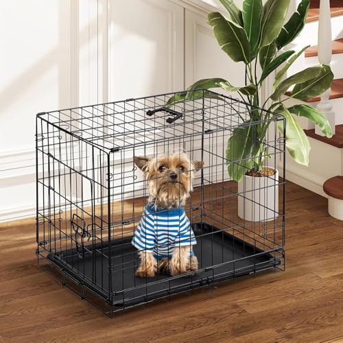 DUMOS 30 Inch Dog Crate, Foldable Puppy Small Medium Dog Cage Pet Kennel | Single Door Metal Wire, Plastic Leak-Proof Pan Tray, Portable Indoor Outdoor Training Travel - size: 30.3"L x 17.5"W x 19.8"H