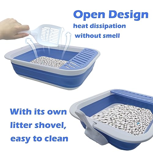 Collapsible Small Cat Litter Box,Open Top Cats Litter Pan with Scoop Foldable Shallow Kitten Potty Toilet Waterproof Cat Travel Litterbox Anti-Splashing Low Entry Semi-Enclosed Easy Clean(Blue) - color: 【Blue】