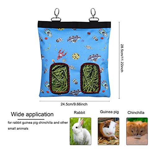 Rabbit Hay Feeder Bag Guinea Pigs Hanging Hay Rack Manger Holder Dispenser Small Animal Feeder Storage Pouch for Bunny Chinchilla Hamster (Pattern Blue, 2 Windows) - color: Pattern Blue