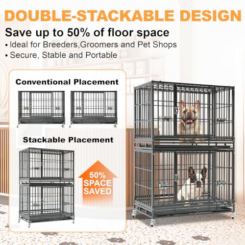 Homey Pet Two Tier 37" Heavy Duty Stackable Dog Crate with Wheels | Metal Crate for Dogs with Escape proof Locks, Tray, Bowl, Open Top, for Small and Medium Dogs, Breeders and Multi-dog Homes - size: 37.0"L - 2 Tiers - 1P