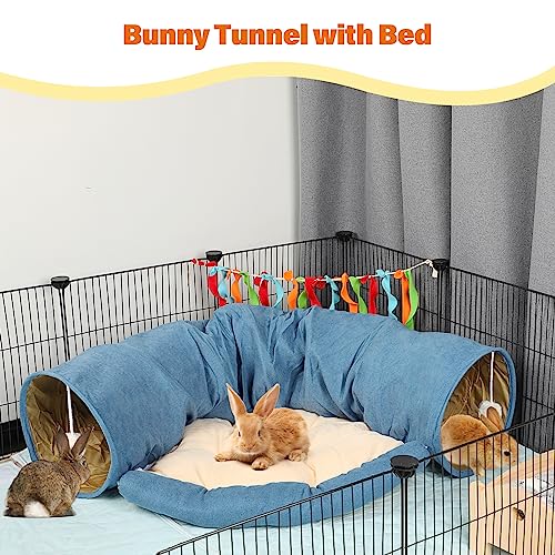 BWOGUE Bunny Tunnel Bed, 2-in-1 Collapsible Rabbit Tunnel Hideout with Mat | Rabbit Tunnel for Indoor Bunnies, 46.8 in Length, Removable Mat, Ball Toy for Play, Soft Suede Fabric, Cats Guinea Pigs - color: Blue