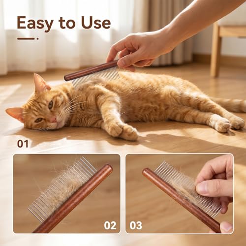 3Pcs Solid Wood Cat Combs, Dog Cat Grooming Comb with Wooden Handle | Stainless Steel Teeth, Pet Grooming Supplies Accessories for Hairy Pets