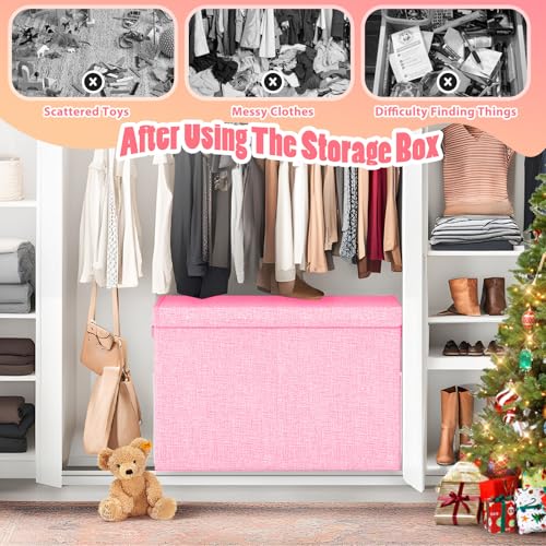 Large Toy Storage Box with Lid & Dividers, Collapsible Kids Toy Chest, Pink | Toy Box for Boys, Girls, Nursery, Bedroom, Living Room, Playroom, 25 x 13 x 16 inches - color: Large Pink