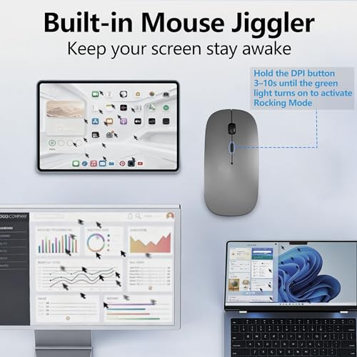 Slim Bluetooth Wireless Mouse with Jiggler - Gray | Rechargeable Portable Mouse, BT5.2 & 2.4G, USB-C/USB-A Receiver, Adjustable DPI for MacBook, iPad, Laptop & PC - color: Gray