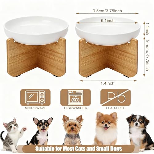 Shallow Elevated Cat Bowls with Bamboo Stand, 6.1 Inch Wide Ceramic Cat Dish Whisker Friendly, 2 Pack Pet Food and Water Plates - color: White 2 pack