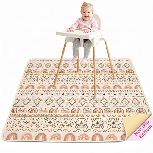 Basumee Splat Mat for Under High Chair, Waterproof & Mess-Proof Floor Mat | 46"×42" Baby Splash Mat, Non Slip Bottom, 4-Layer Fabric, Food & Liquid Catcher, Machine Wash for Boy Girl, Meals, BLW, Craft - color: Brown Geometry, size: 46x42 Inches