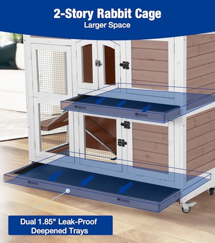 2-Story Rabbit Hutch with Wheels, Bunny Cage with Two Deepened Leak-Proof Trays, Indoor Outdoor Guinea Pig Cage with Waterproof Asphalt Roof - Brown - color: 44"L Milk Coffee