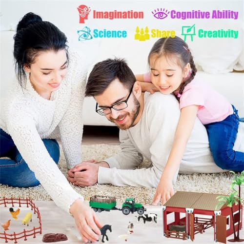 66PCS Mini Farm Animal Barn Toy with Tractor Trailer Fence for Kids Ages 3+ | Realistic Farm Animal Figurines, Educational Birthday Gift for Kids