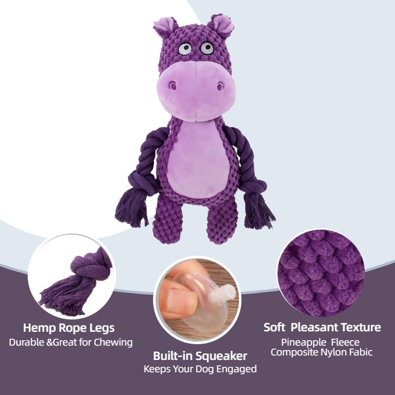 Plush Hippo Dog Toy with Squeaker and Crinkle Paper for Puppies | Soft plush texture with crinkle details, perfect for tossing, carrying, indoor play and interactive bonding with your pet. - color: Purple