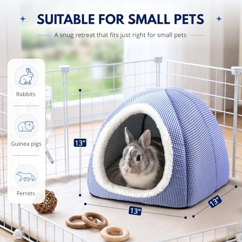 Rabbit Hideout Bed for Large Bunnies, Soft Plush Bunny House | Cozy Small Animal Hideaway with Removable Pad for Indoor Rabbits, Guinea Pigs, and Ferrets, Blue - color: Blue