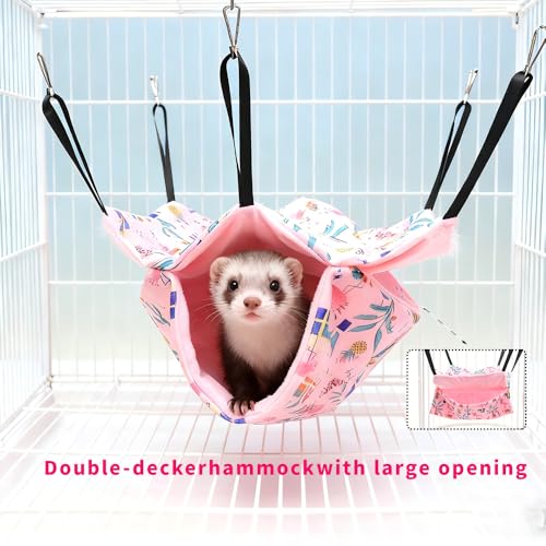 4 Pack Ferret Hammock Set, Hanging Soft Small Animal Hammocks with Hideout,Tunnel and Double Layer,Cage Accessories for Ferret,Rats,Sugar Glider,Squirrel (Pink) - color: Pink