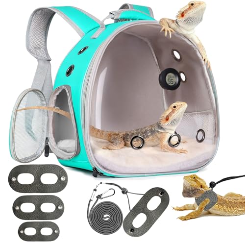 Reptile Travel Backpack Carrier with Reptile Thermometer and Humidity Gauge & Harness Leash Lizard Travel Cage Space Capsule Clear Bubble Window Astronaut Bearded Dragon Bag for Ball Python - color: Green