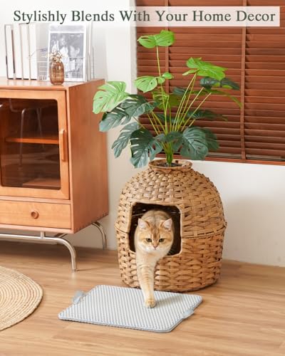 SETVSON Cat Litter Box Enclosure Plant, PE Rattan Kitty House, Natural | Decorative Planter Design, Waterproof Inner PVC Liner, Includes Artificial Plants, Real Stones, Litter Mat, 20x20 Inches - color: Natural(with Litter Mat)