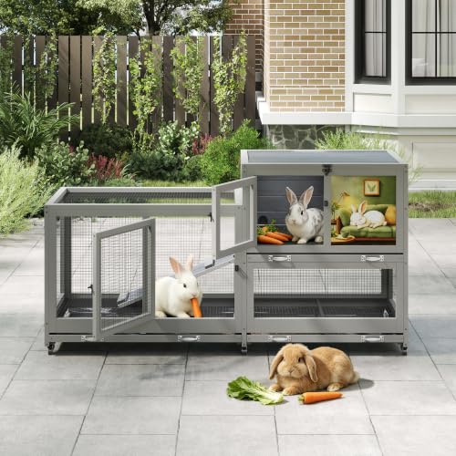 COZIWOW Grey 2-Tier Wooden Rabbit Hutch, Indoor Rabbit Cage | 2-Tier Rabbit House Features Rolling Wheels, Easy-Clean Tray, Anti-Slip Ramp And Air Circulation Vents - size: 2-compartment rabbit cage