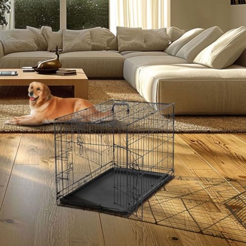 Dog Crate Kennel, 42 Inch Metal Pet Cage Double Door W/Divider Panel, Folding Travel Indoor Outdoor Dog Kennel Leak-Proof Plastic Tray Wire Animal Cage - size: 28.0"L x 28.0"W x 42.0"H
