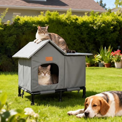 PatiencET Heated Cat House for Outside, Foldable Weatherproof Insulated Outdoor Cat House, Adjustable Temperature, Elevated Base with Ground Stakes, for Indoor/Outdoor Cats - size: Winter Large