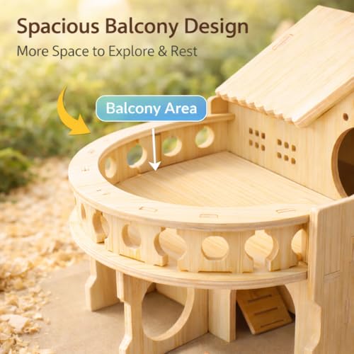 Improved Safety Large Balcony Small & Cute Wooden Hamster House with Large Balcony – Double-Decker Forest-Style Hut for Dwarf Hamsters, Mice, Gerbils, Rats & Small Pets (Compact Size Only)