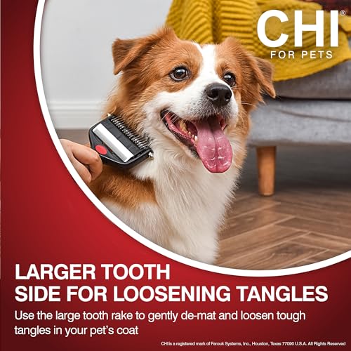 CHI for Dogs 2 in 1 Dematting and Deshedding Rake, Dual Head Dog Grooming Tool with Wide Tooth Dematting Rake and Fine Deshedding Rake, Detangler Comb for Thick Double and Long Dog Coat | Dual-head design, wide-tooth dematting and fine deshedding rakes, d