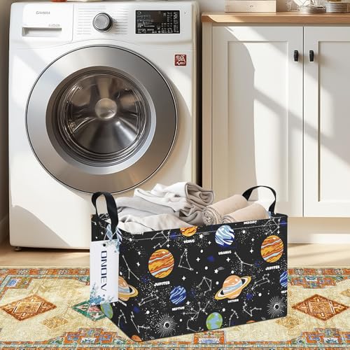 Rectangular Solar System Planet Storage Bin, Closet Organizer Basket | Moisture repellent textile, reinforced carry grips, collapsible holder tidies cabinet and teenage bedroom belongings - color: REC Planet