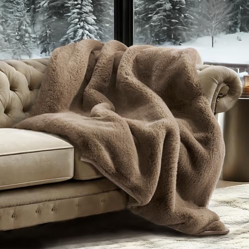 EVERGRACEHOME Faux Chinchilla Fur Throw Blanket, 50"x60", Tawny Mink | Luxury, Super Soft, 1220GSM, Fluffy Cozy Mink, Reversible Velvet Back, Warm Thick Heavy Winter Throw for Couch Bed, Gift - color: Tawny Mink, size: 50"x60"