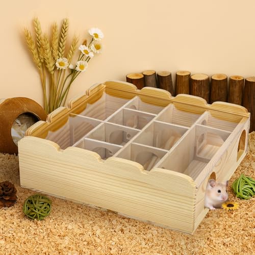 Wooden Hamster Maze with Clear Acrylic Cover, Multi-Chamber Hamsters Hide Tunnel Cage, Hideout Tunnel Toy Shed and Explore Toy for Dwarf Hamsters Mice Small Gerbil（Free-Installation）