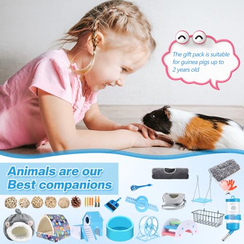 Teenyyou 24 Pcs Small Guinea Pig Starter Kit Essentials for Hamster Cage Accessories Toys House Bed Cage Cleaner Food Bowl Water Holder Carrier Bag Teething Toys Liner Tunnel for Beginner(Blue) - color: Blue